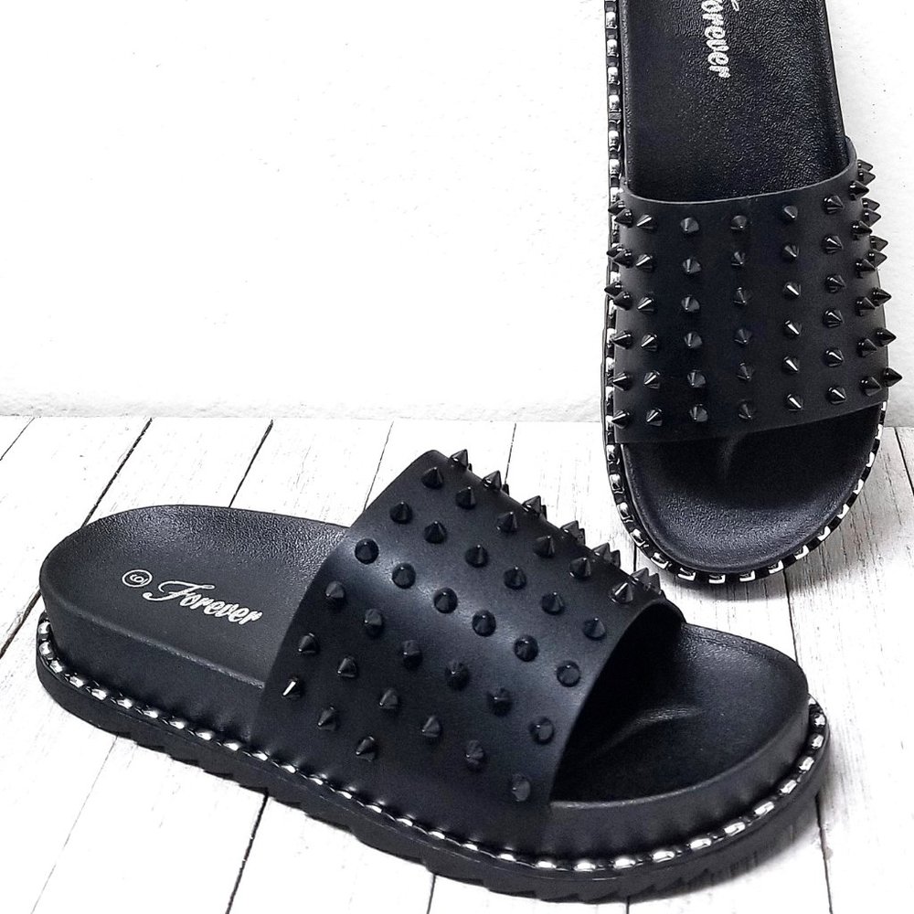 Black Studded Comfy Sole Slide Slipper Sandals